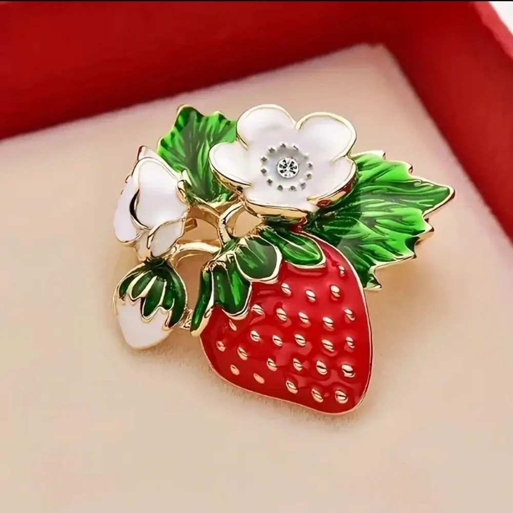 Strawberry Brooch Enameled with Floral Accents Gold Tone